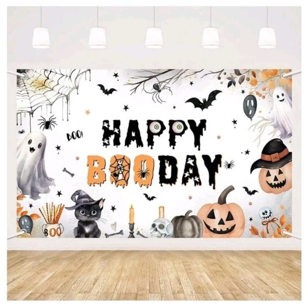MEHOFOND Happy Booday Party Backdrop, Halloween Ghost Happy Birthday Party Decor